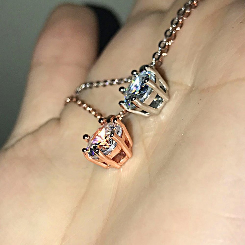 Rose Gold/Silver 2CT Solitaire Diamond Necklace - Picture 4 of 5